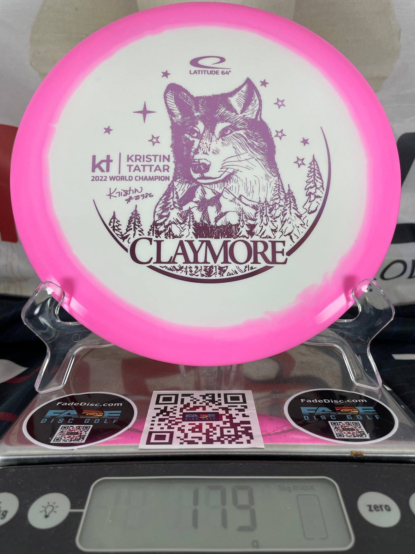 Latitude 64 Claymore Gold Orbit 179g White w/ Pink Swirl Rim w/ Pink Foil Tattar Champ Midrange