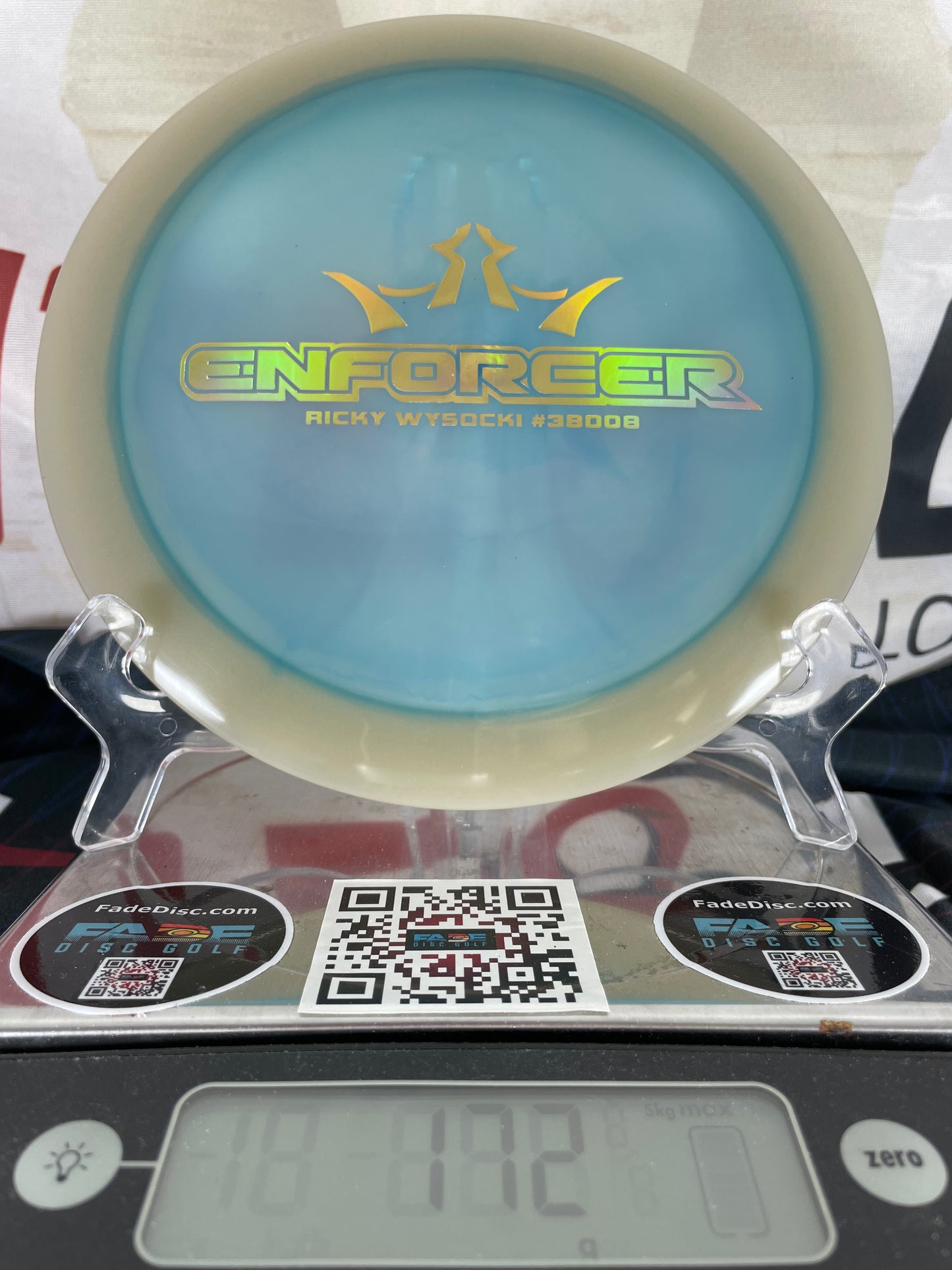 Dynamic Discs Enforcer Lucid Moonshine Orbit 173g Glow White and Blue w/ Gold Foil Wysocki Distance Driver