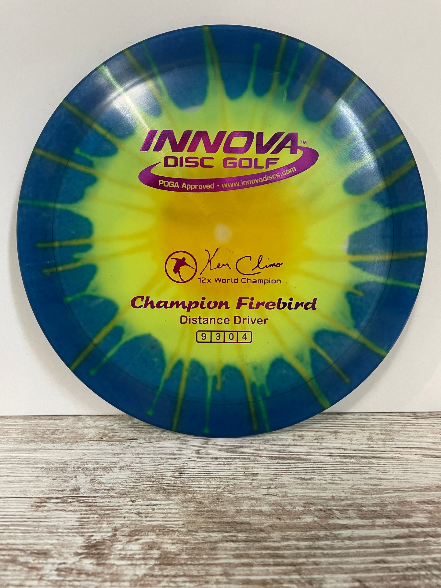 Innova Firebird Champion 171g Blue-Yellow Tie Dye w/ Purple Foil Climo 12x Distance Driver